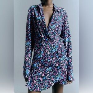 Zara Ditsy Floral Wrap Mini Long Sleeve Lightweight Dress. Purple Floral. NWOT.